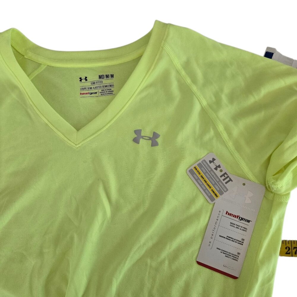 NWT Under Armour Womens Medium HeatGear V-Neck Semi-Fitted Shirt Neon Yellow - Picture 6 of 10
